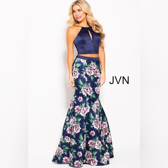 JVN by Jovani Navy Multi Floral Print Tow Piece Proms Dress 2 - Picture 1 of 14